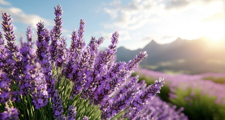 Vibrant lavender field at sunset