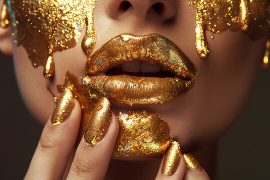 Gold Paint smudges drips from the face lips and nails, lipgloss dripping from sexy lips, golden liquid drops on beautiful model girl's mouth, gold metallic skin make-up. Beauty woman makeup close up.