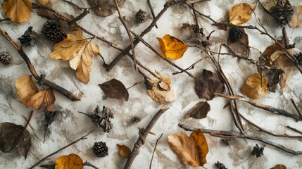 Dried leaves and twigs in various shades are scattered across a light, textured backdrop, showcasing the essence of autumn.