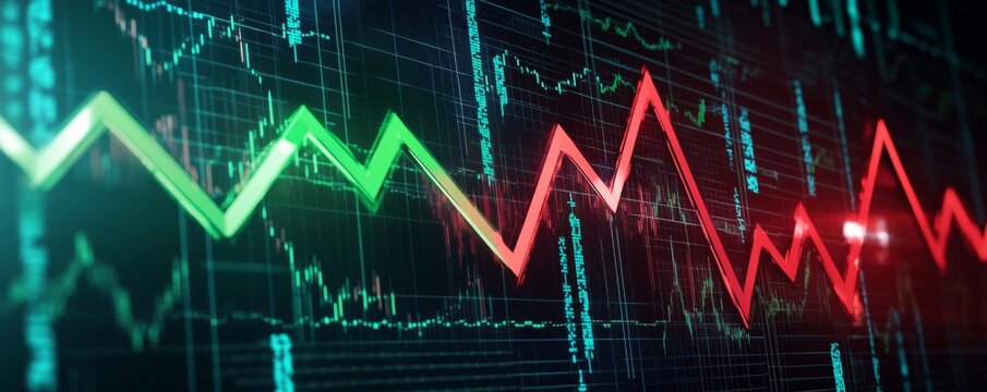 Stock market chart showing green uptrend and red downtrend lines indicating market fluctuations