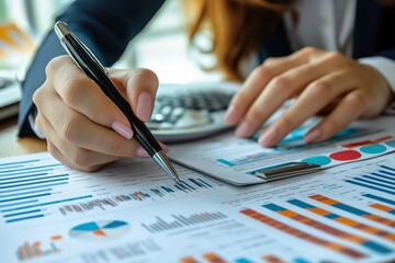 A close-up view of a person in business attire analyzing financial graphs and data on documents spread on a desk.