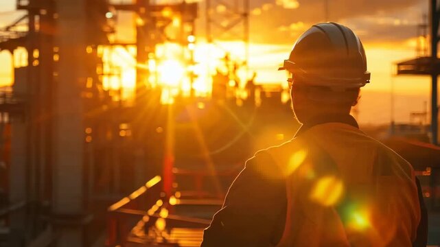 Construction manager or worker wearing protective helmet standing backwards and looking at construction site with sunset in background, rear view
