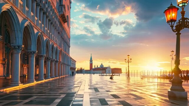 Beautiful sunset on the boulevard of a beautiful city
