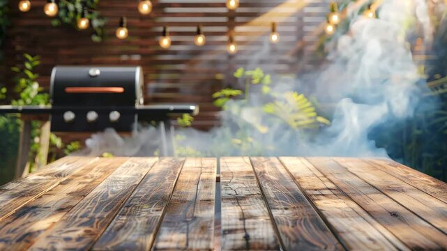 Wooden empty table with planks in the garden barbecue in the background and smoke with space for the product
