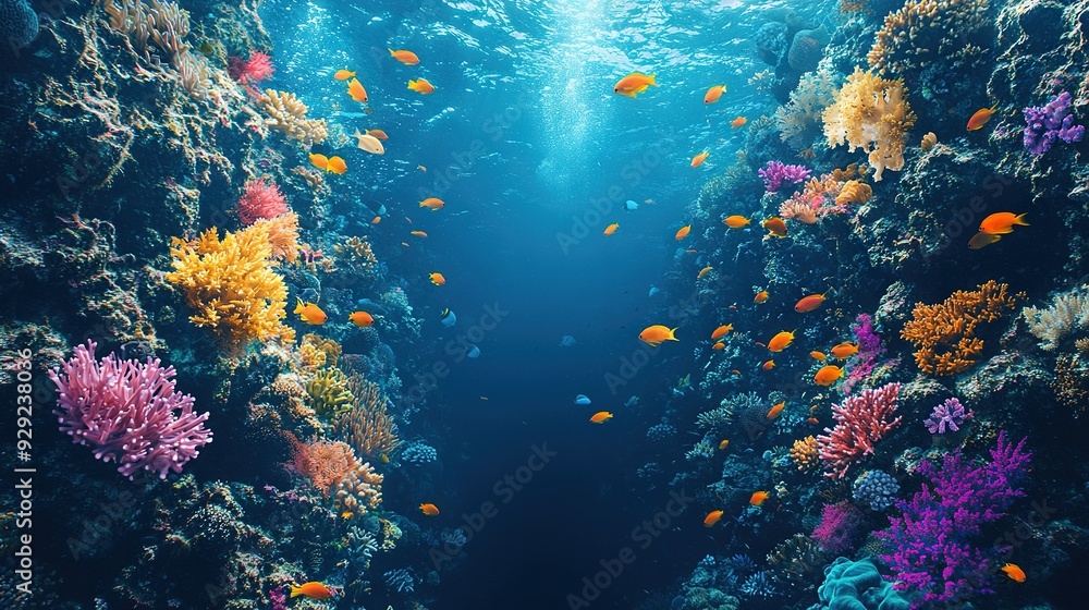 Sticker an underwater photograph showcasing diverse coral species and schools of fish amidst vibrant coral f