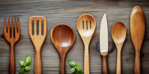 Various wooden kitchen utensils neatly arranged on a wooden board, showcasing natural craftsmanship and functionality.