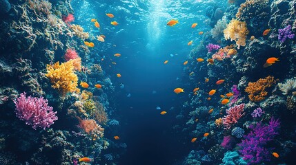   An underwater photograph showcasing diverse coral species and schools of fish amidst vibrant coral formations