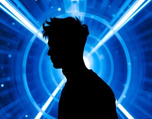 Obraz premium A silhouetted male figure of Asian descent standing in a futuristic, glowing blue tunnel, with swirling lights and particles that create a sense of depth and movement in the background create with ai