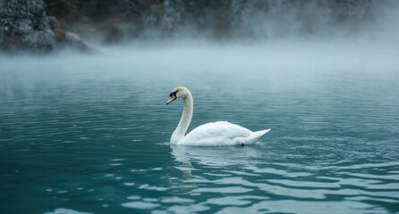 Fototapeta premium Serene swan floating on misty lake