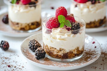 A creamy dessert served in a clear glass, topped with fresh berries and mint, on a white plate with cocoa powder.