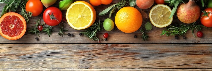 A colorful assortment of fresh fruits including oranges, tomatoes, and herbs placed on a rustic wooden table, vibrant colors.
