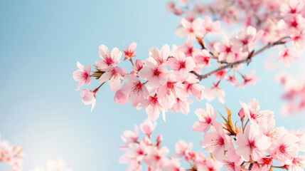 Delicate cherry blossoms bloom against a soft blue sky, capturing the essence of spring and nature's beauty.