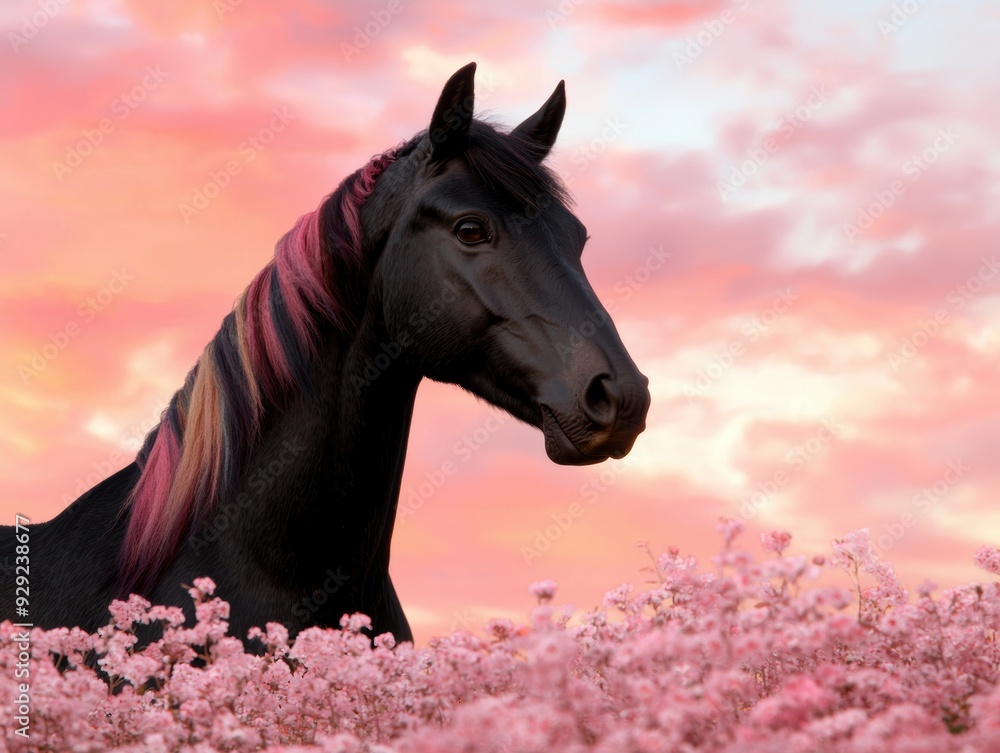 Canvas Prints black horse in field of pink flowers at sunset