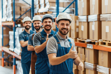 Four smiling workers in safety gear stand in a warehouse, showcasing teamwork and professionalism among stacks of boxes.