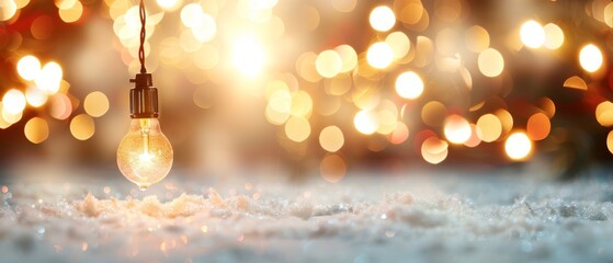 Fototapeta premium A light bulb suspended from a string against a backdrop of softly focused holiday lights and snow