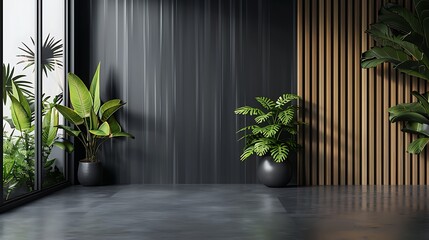 Black interior with wood wall panel and plants 3D rendering interior design Generative AI