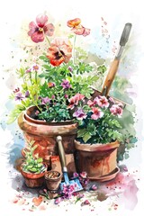 Spring Gardening Scene with Watercolor Flowers and Tools, Nature in Bloom