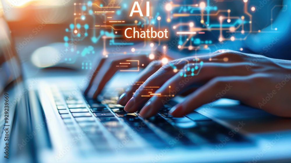 Poster hands typing on laptop with digital elements showcasing ai and chatbot technology, symbolizing moder