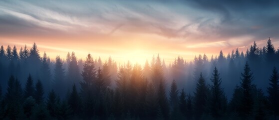 Fototapeta premium A forest teeming with tall pine trees beneath a cloud-studded sky, the sun sneaking through distant clouds