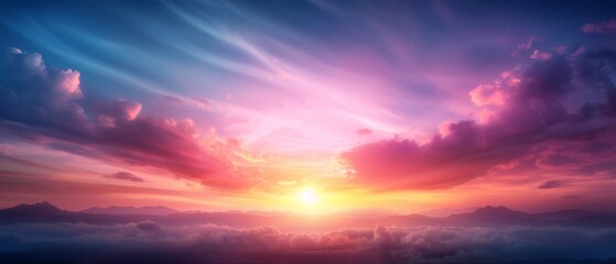  A colorful sky with a radiant sun and scattered clouds