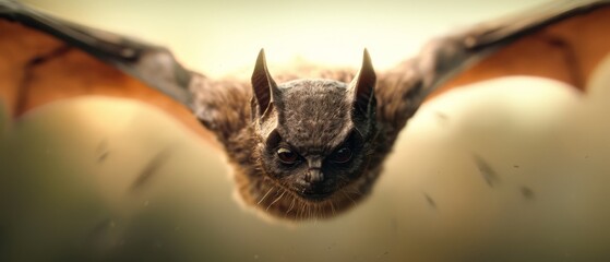 Obraz premium A tight shot of a bat mid-flight, wings fully extended, eyes intensely open