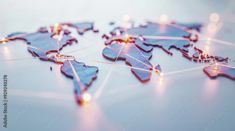 Poster stylized world map with glowing connections, representing global communication and network expansion