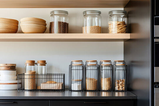 Stylish kitchen shelves featuring jars and wooden bowls, perfect for organizing and storing various ingredients and kitchen essentials.