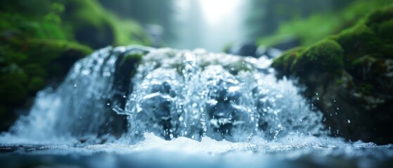 moss-covered rocks, water cascading down sides