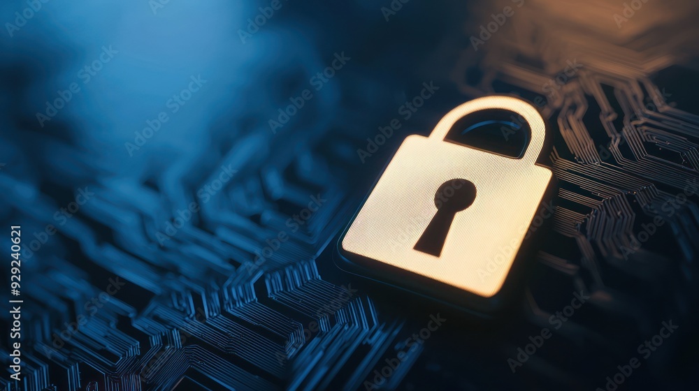 Poster close-up of a golden padlock on a dark, circuit-patterned background, symbolizing security and digit