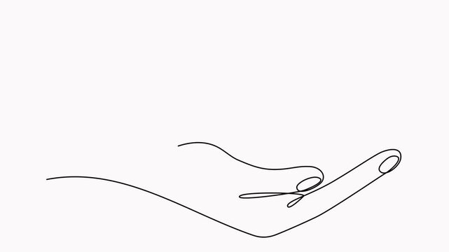 Animated hand hold leaves branch continuous line drawing. Plant in human arm one line art.
