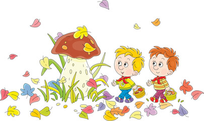 Funny little boys mushroomers with small baskets found a very large edible cep mushroom among grass and colorful fallen leaves in an autumn forest glade, vector cartoon illustration on white