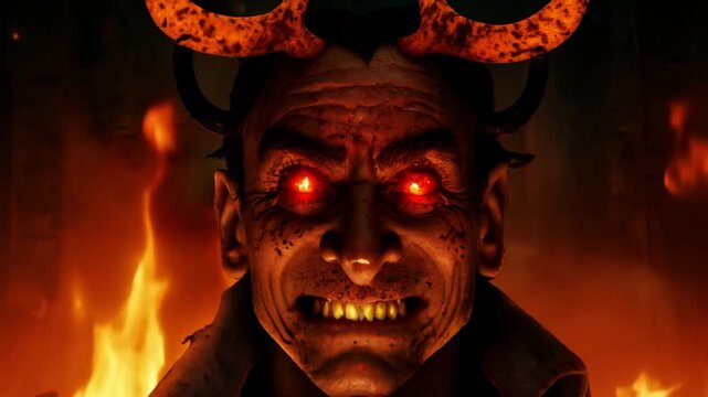 A menacing character with glowing eyes and horns appears among flickering flames, creating an ominous atmosphere in the darkness.