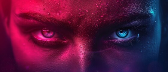 Naklejka premium A tight shot of a face with blue eyes, adorned with pink and purple paint from forehead to chin