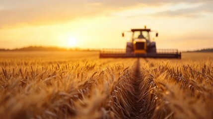 Fototapeta premium Golden fields illuminated by sunset, with a tractor harvesting wheat. A picturesque scene of agriculture in action.