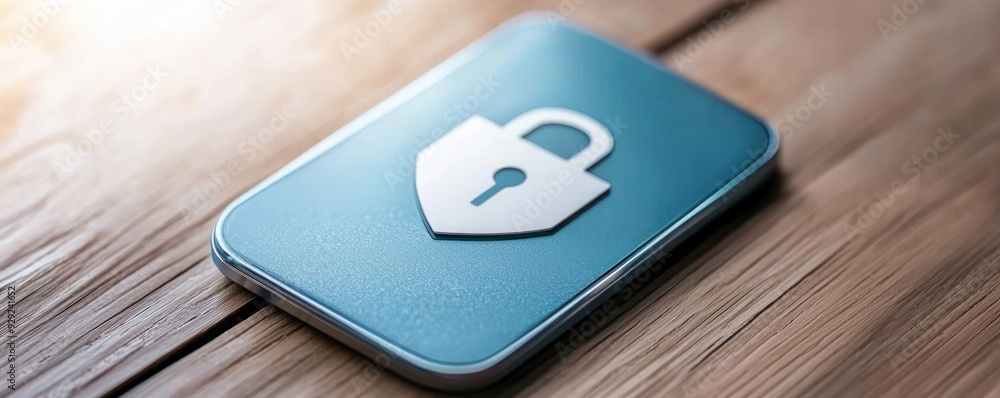 Poster secure mobile device with a lock icon representing digital protection and cybersecurity on a wooden 