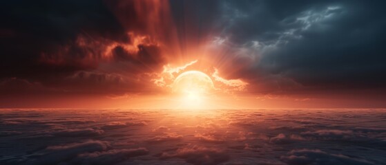 Fototapeta premium The sun sets over clouds in the sky above a large body of water