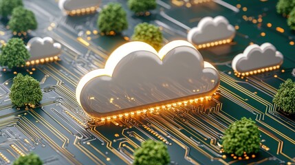 A futuristic representation of cloud computing with digital circuits and green trees, symbolizing technology and nature integration.