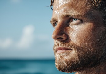 Obraz premium Close-up portrait of a rugged man with a beard against a blue sky