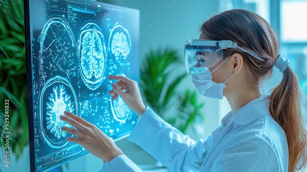 Poster a scientist using augmented reality glasses to analyze brain scans on a digital screen in a laborato
