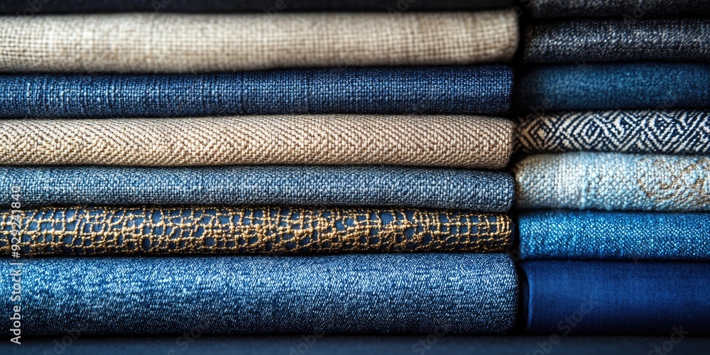 Poster close-up of a stack of fabric rolls with different textures and colors