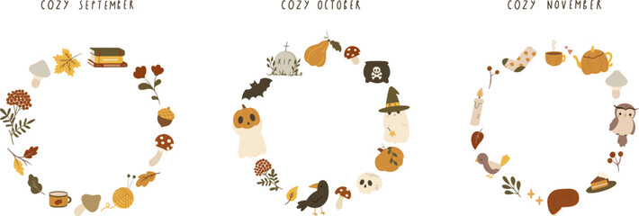 Vector illustration of three autumn wreaths: september, october and november elements. Leaves, mushrooms, pumpkins, ghosts, raven, bat, berries, pie, teapot, candle, bird
