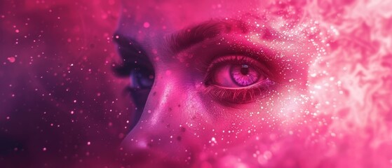 Naklejka premium A woman's face, tightly framed against a pink backdrop Stars twinkle at the corners of one eye