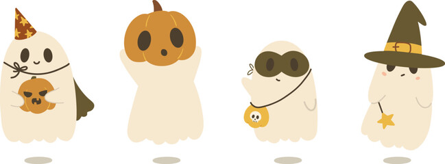 Vector illustration set of four cute ghosts wearing Halloween outfits