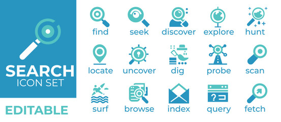 Search Icon Set: Editable vector icons for find, seek, discover, explore, locate, uncover, dig, probe, scan, surf, browse, index, query, and fetch concepts. Perfect for web, app, and UI design.searchi