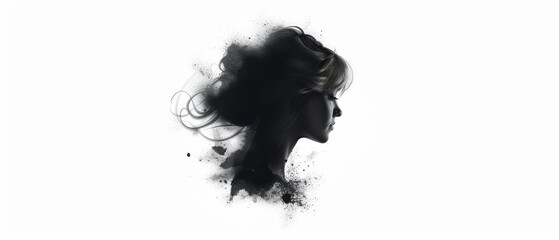 Fototapeta premium A monochrome image of a woman's profile, her hair billowing in the wind against a stark black and white backdrop