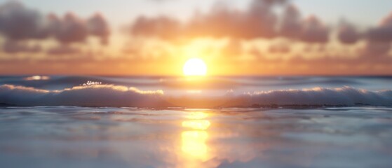   the sun setting over a tranquil body of water, featuring distinct waves in the foreground and trees silhouetted against the backdrop