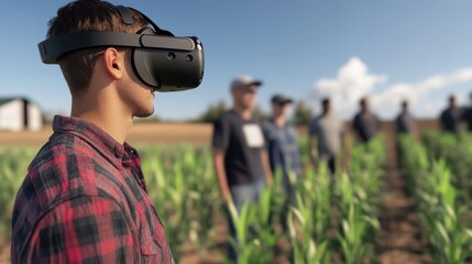 Fototapeta premium Students explore crop growth through virtual reality technology in a field during an educational workshop
