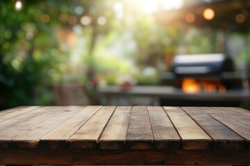 Fototapeta premium Empty wood table with blur BBQ space for background with generative ai