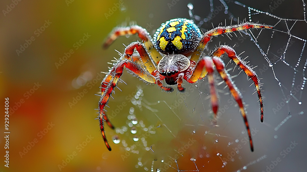 Wall mural a macro photograph captures a spider perched on its web with droplets of water on its back and a sof