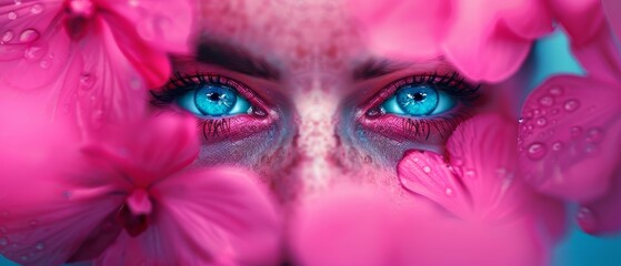 Naklejka premium A tight shot of a woman's face with blue eyes, surrounded by pink flowers in the foreground A solitary pink flower sits prominently among them